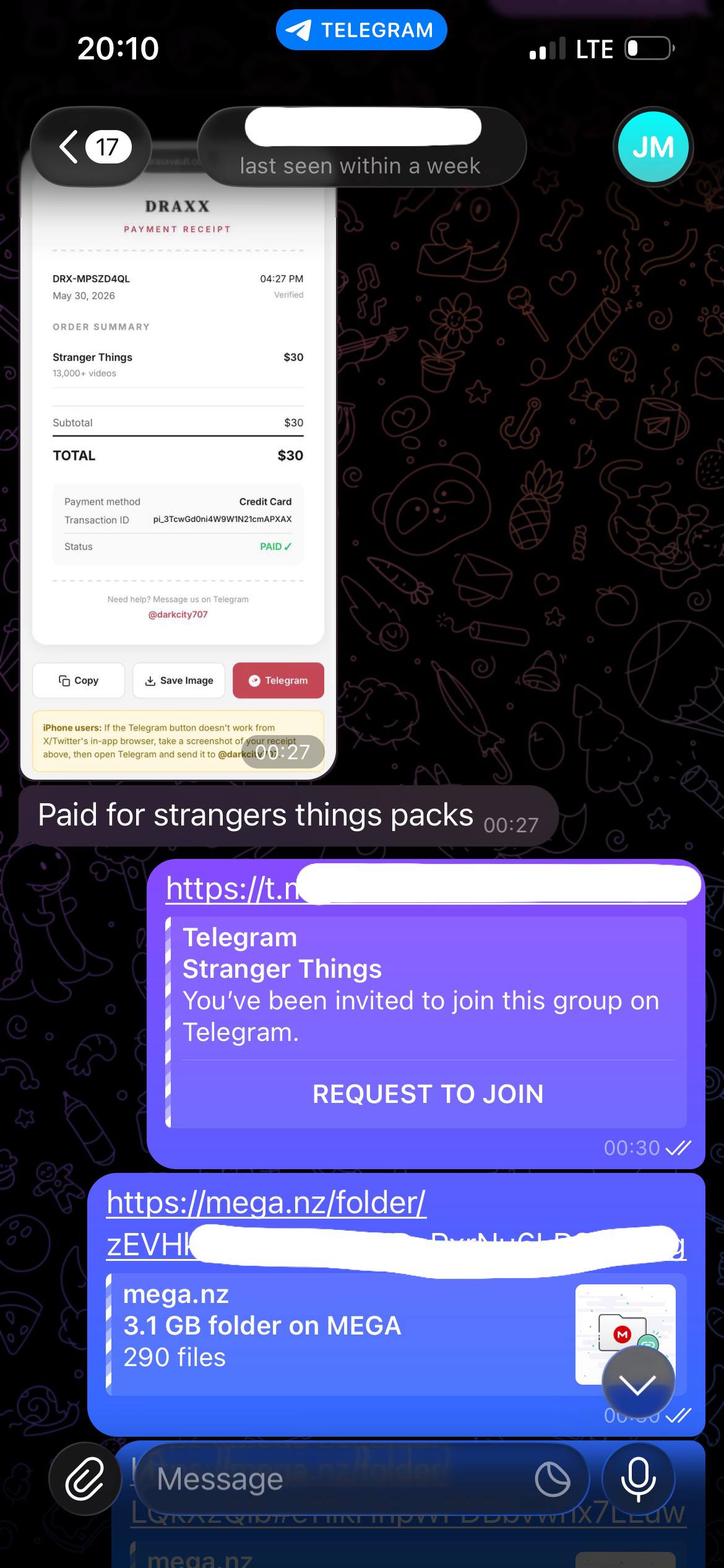 Stranger Things pack purchase receipt