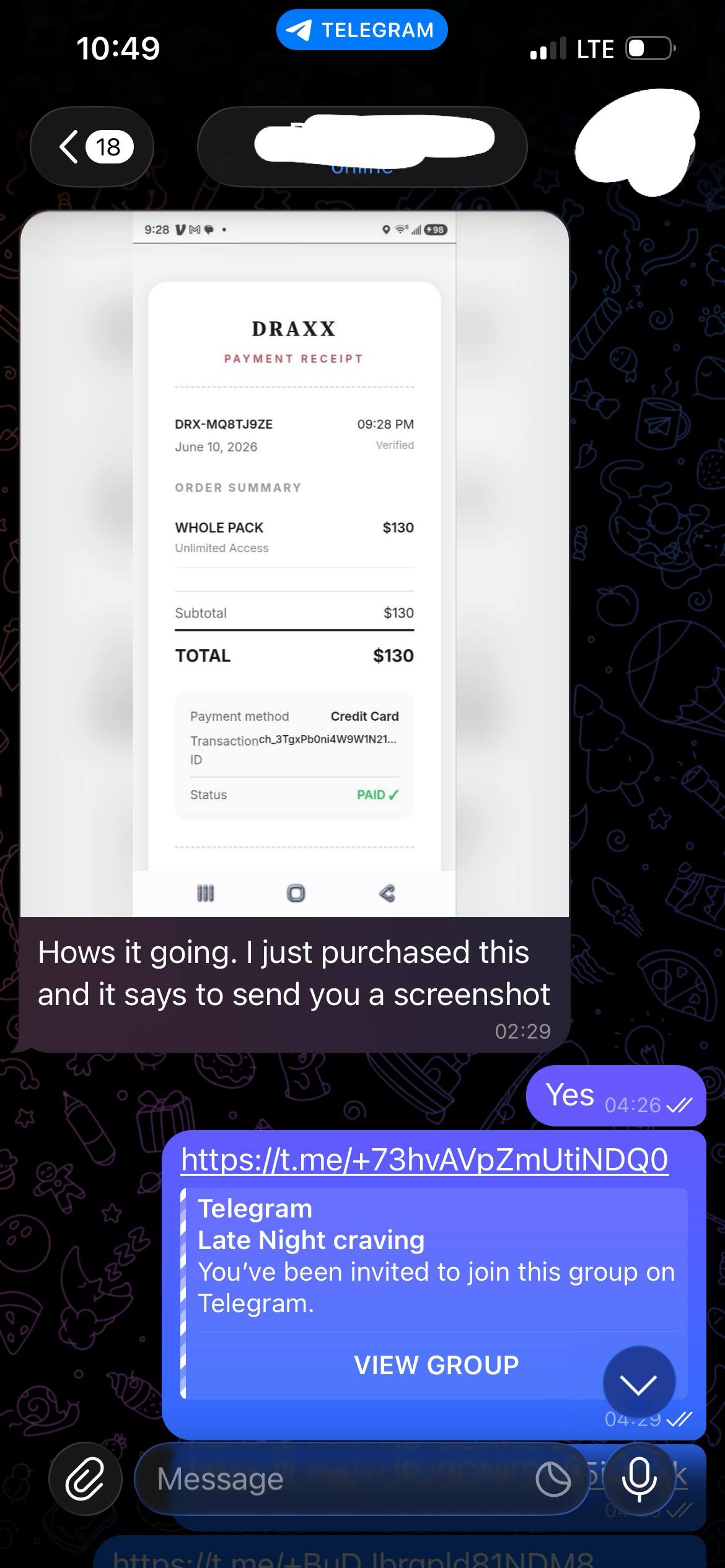 Whole Pack purchase receipt from Android user